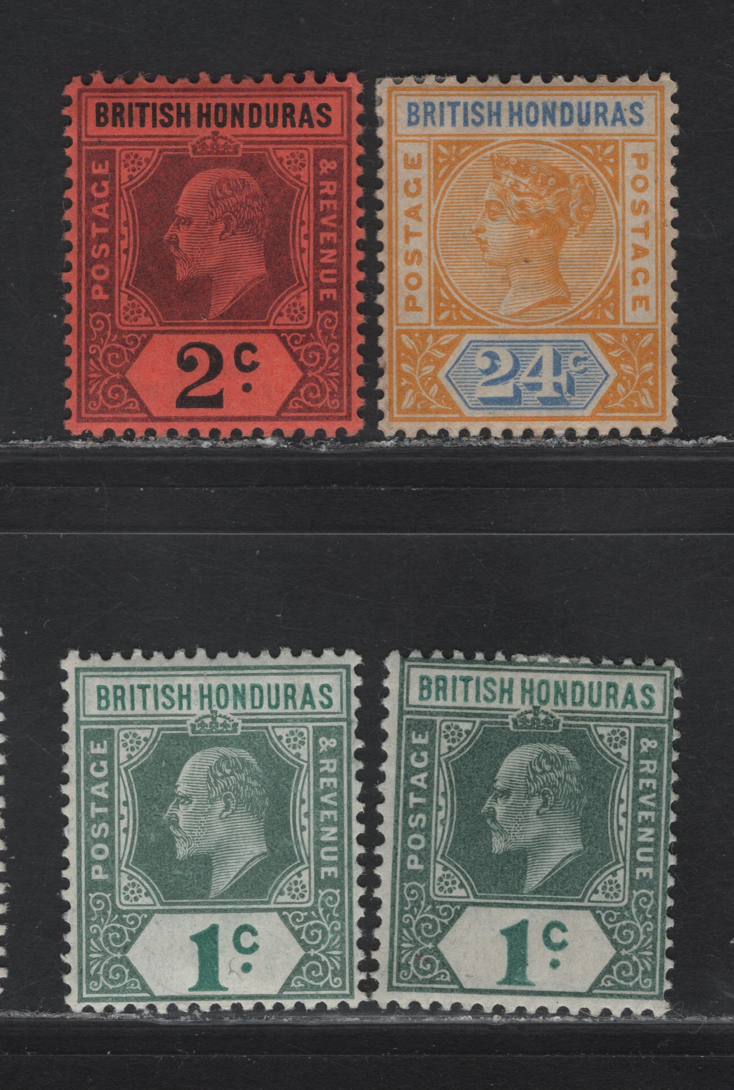 Lot 44 British Honduras SG#60, 80, 81, 84a 24c - 1c Yellow & Blue - Gray Green & Green Queen Victoria - King Edward VII, 1891-1904-1907 Queen Victoria Imperium - King Edward VII Keyplates, 4 F/VFOG Singles