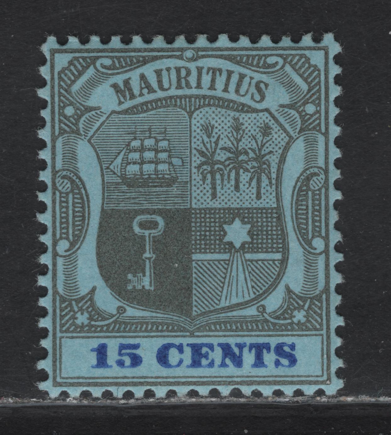 Lot 45 Mauritius SG#149 15c Black & Blue on Blue Arms, 1900-1905 Arms Issue, A VFOG Single, Crown CA Wmk