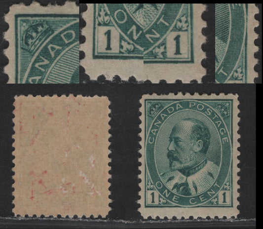 Lot 50 Canada #89iii 1c Blue Green King Edward VII, 1903-1908 King Edward VII Issue, A FOG Single, Paper ABN-XX, Perf 12, Showing Re-Entries Showing Doubling Of The UL Frameline, LL Numeral Boxes, LR Numeral Box & LR Frameline.