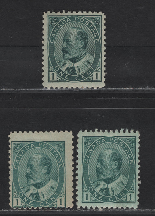 (C) Canada #89i, 89ii, 89iii 1c Deep Green - Blue Green King Edward VII, 1903-1908 King Edward VII Issue, 3 Very Good/Fine Used Singles, Papers ABN-A & ABN-C, Perfs 12, 12x11.9 & 12x11.8