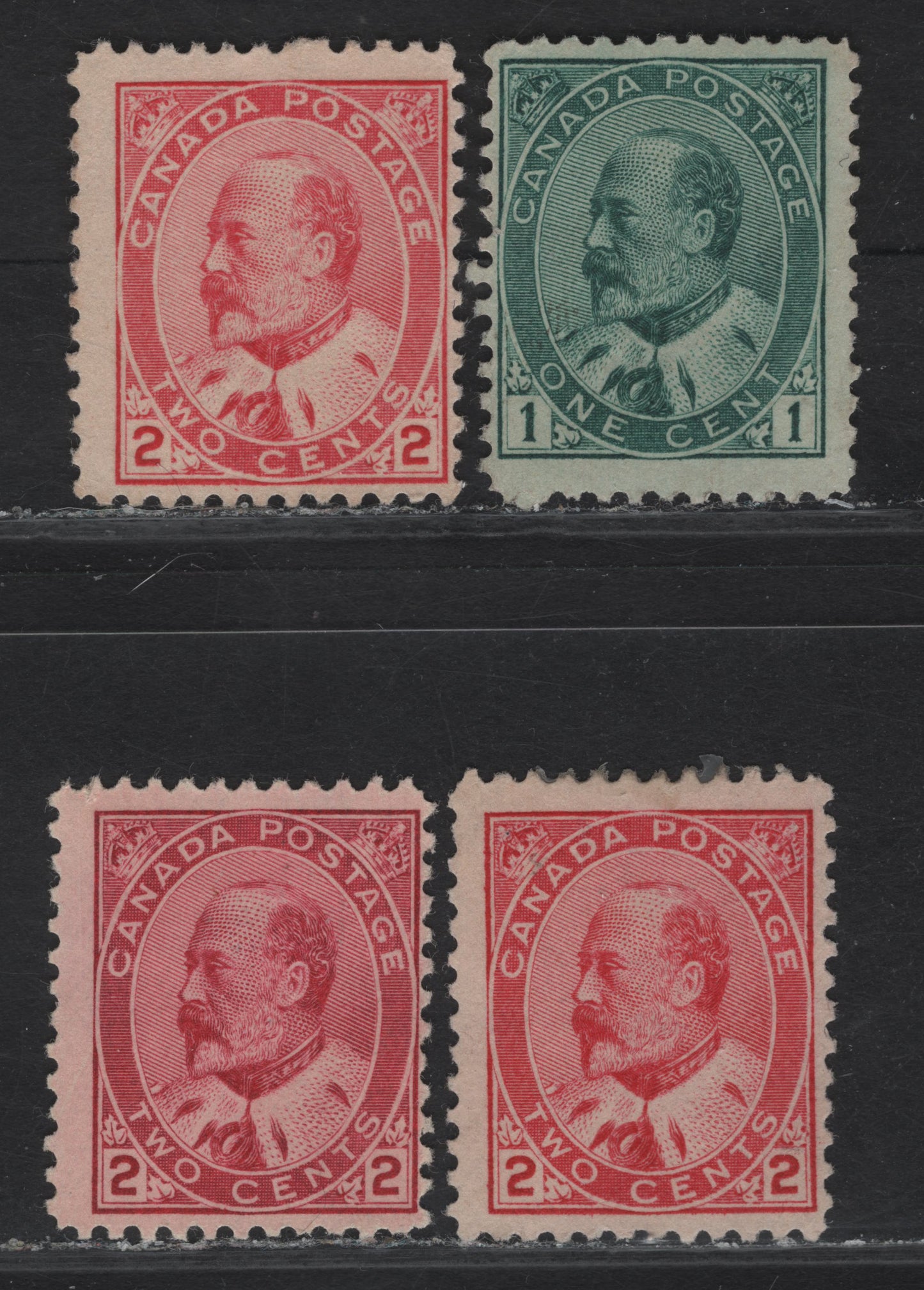 Lot 52 (C) Canada #89iii, 90, 90i, 90e 1c - 2c Blue Green - Rose Carmine King Edward VII, 1903-1908 King Edward VII Issue, 4 Fine Unused Singles, Paper ABN-A, Perfs 12, 12x11,9, 12x11.8 & 11.8x12.1