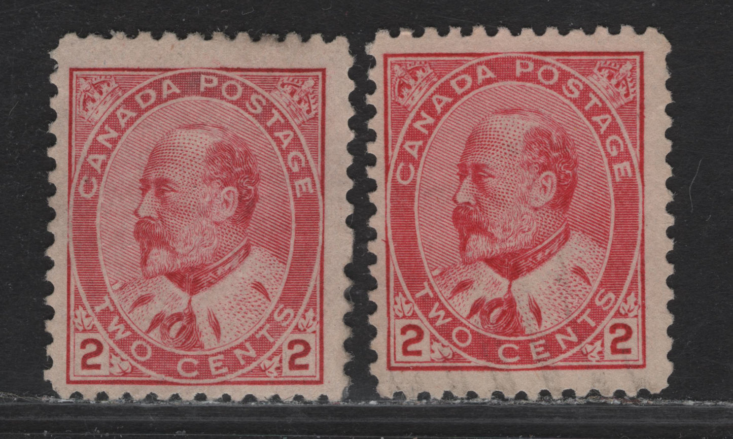 Lot 52A Canada #90i 2c Rose Carmine King Edward VII, 1903-1908 King Edward VII Issue, 2 Fine Used Singles, Scarce Thin Paper (ABN-YY) Perf 11.9 & ABN-B Perf 12