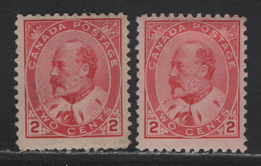 Lot 56 (C) Canada #90i 2c Rose Carmine & Pale Rose Carmine King Edward VII, 1903-1908 King Edward VII Issue, 2 FOG Singles, Papers ABN-B & ABN-YY, Perfs 12x11.9 & 12