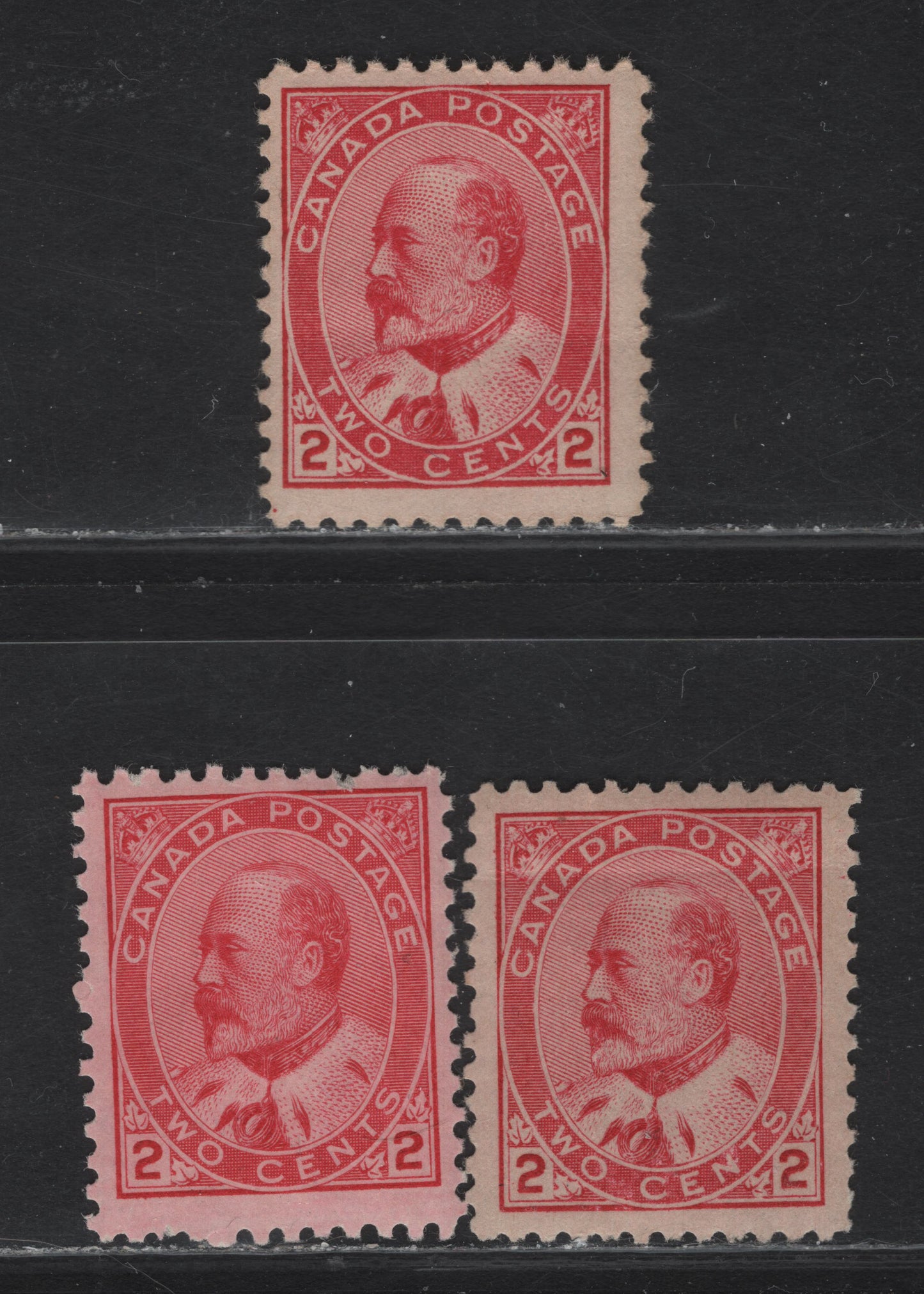 Lot 59 (C) Canada #90, 90i 2c Carmine Red - Rose Carmine King Edward VII, 1903-1908 King Edward VII Issue, 3 VG/FOG Singles, Papers ABN-E & ABN-B, Perfs 12x11.9& 12