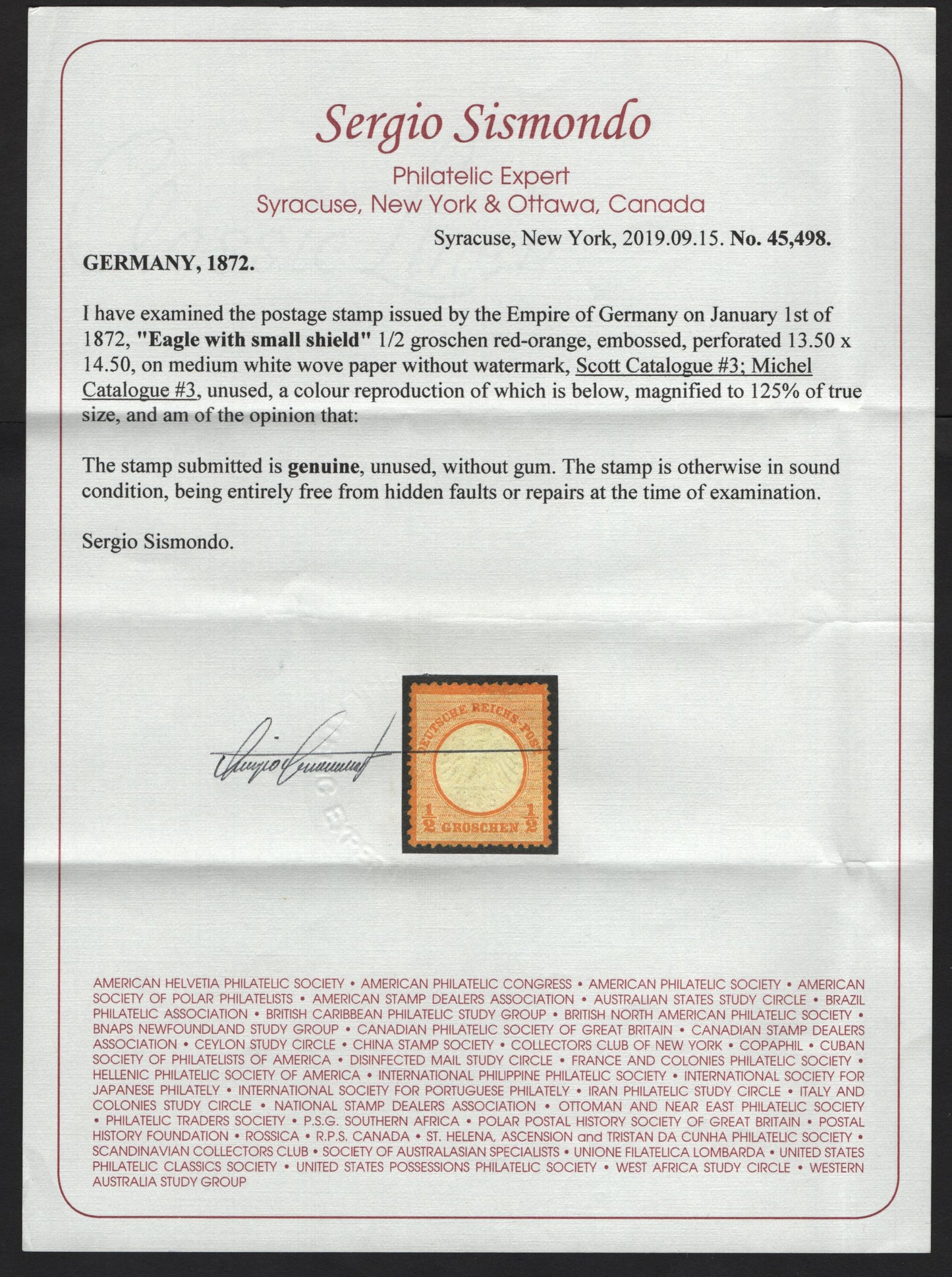 Lot 7 Germany SC#3 1/2gr Red Orange Eagle With Shield, 1872 Eagle With Shield Issue, A Very Fine Unused Single, Sergio Sismondo Certificate