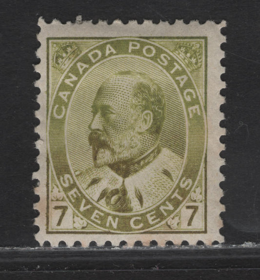 Lot 73 (C) Canada #92i 7c Greenish Bistre King Edward VII, 1903-1908 King Edward VII Issue, A FOG Single, Paper ABN-A, Perf 12, Mild Toning.