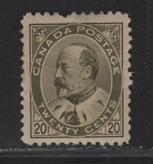 Lot 77 (C) Canada #94 20c Brownish Olive Green King Edward VII, 1903-1908 King Edward VII Issue, A VGOG Single, Paper ABN-A, Perf 11.9x12, Small Margin Tear At Top.