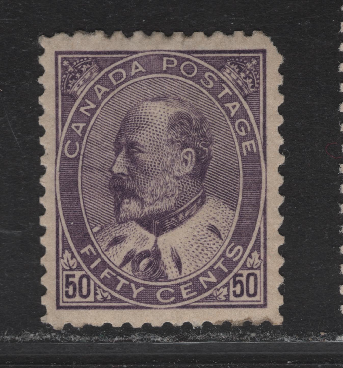 Lot 79 (C) Canada #95i 50c Deep Dull Violet King Edward VII, 1903-1908 King Edward VII Issue, A FOG Single, Paper ABN-B, Perf 11.9x12, The Gum Is Likely Original, But I Believe It Has Been Sweated In A Few Areas To Redistribute It.
