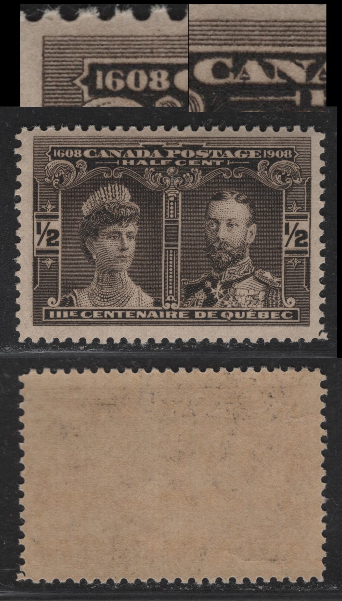 Lot 82 (C) Canada #96 1/2c Deep Black Brown Prince & Princess of Wales, 1908 Quebec Tercentenary Issue, A FNH Single, Paper ABN-B, Perf 12, Showing Very Weak Re-Entry Of '1608 & Can'.