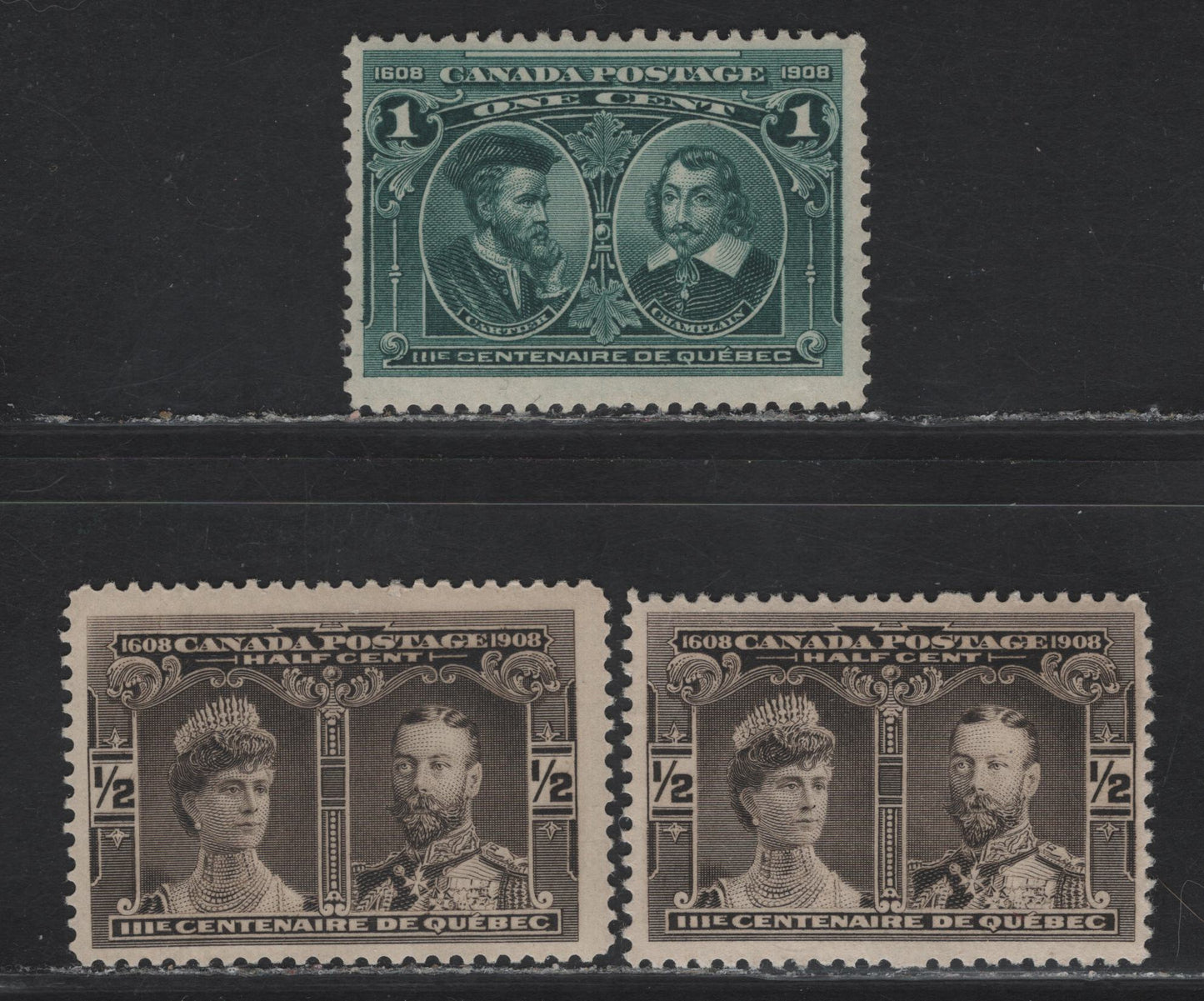 Lot 83 (C) Canada #96-97 1/2c - 1c Black Brown & Brown Black - Blue Green Prince & Princess of Wales - Cartier & Champlain, 1908 Quebec Tercentenary Issue, 3 VFOG Singles, Paper ABN-B, Perfs 12x11.9 & 11.9x11.8