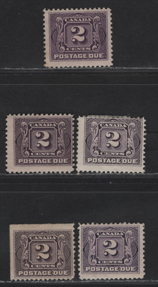 Lot 99 Canada #J2, J2c 2c Deep Violet - Deep Rose Lilac Numeral, 1906-1928 First Postage Dues, 5 VG/FOG/NH & Unused Singles, Mixture Of Wet & Dry Printings, Different Shades, Papers & Perfs