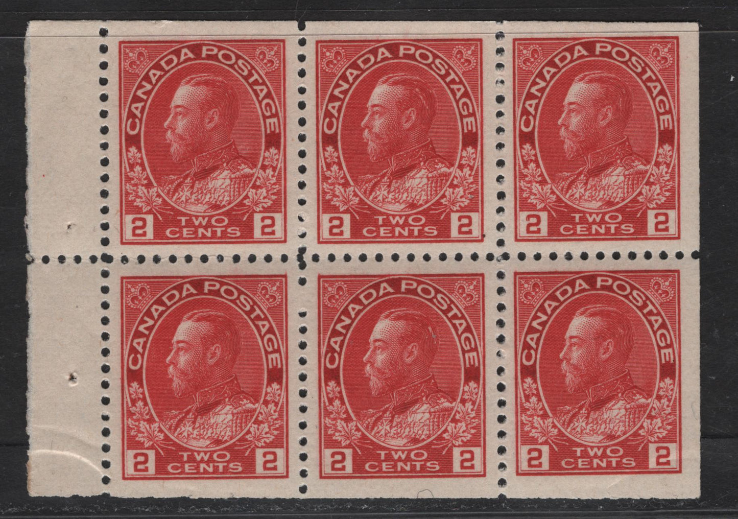 Lot 100 (C) Canada  #106a 2c Carmine Red King George V, 1911-1925 Admiral Issue, A VFNH Booklet Pane Of 6, Paper ABN-B, Perf 11.9x11.85, A Couple of Light Bends From The Original Booklet The Pane Came From.