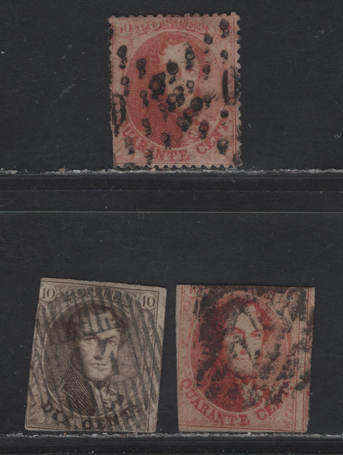 Lot 1 Belgium SC#10b, 12b, 16 10c - 40c Brown - Carmine Rose King Leopold I, 1858-1865 Imperf & Perfed King Leopold I Issues, 3 Ungraded Used Singles, 16.5mm Oval & Perf 14.5, Trimmed Perfs or Margins Cutting In, But Otherwise Sound.