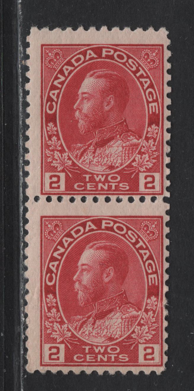 Lot 103 (C) Canada  #106xiii 2c Deep Rose Carmine King George V, 1911-1925 Admiral Issue, A VG/FNH Vertical Pair, Experimental Coil Pair, Signed JNS, Paper ABN-A, Retouched Frameline, Horizontal Crease On One Stamp.