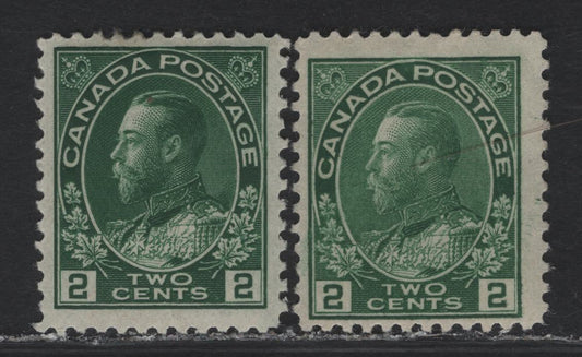 Lot 107 (C) Canada  #107, 107a 2c Green & Dark Green King George V, 1911-1925 Admiral Issue, 2 FOG Singles, Wet Printings, Papers ABN-D & ABN-NNN, Retouched Framelines, Perf 12.
