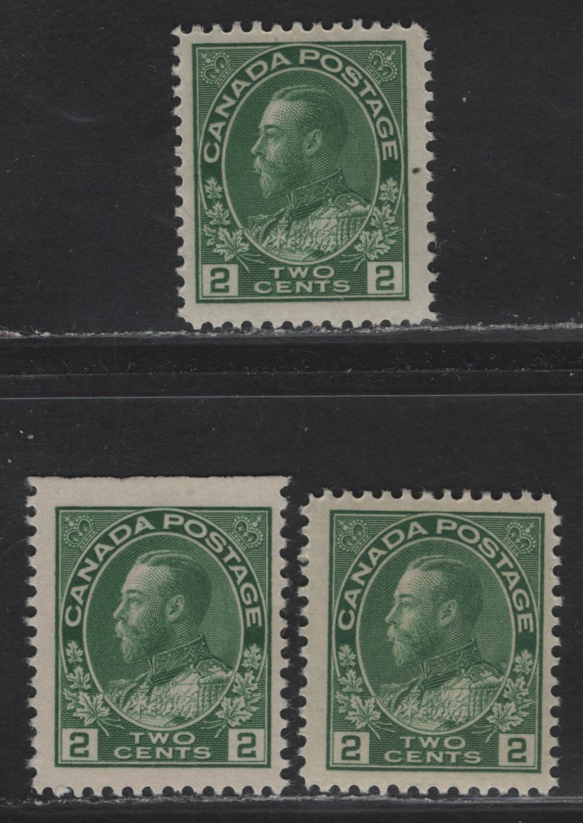 Lot 110 (C) Canada  #107iv, 107e 2c Yellowish Green & Green King George V, 1911-1925 Admiral Issue, 3 FNH Singles, Papers ABN-F, ABN-G & ABN-M, Redrawn Framelines, Perfs 12x11.95, 12x11.9 & 12.