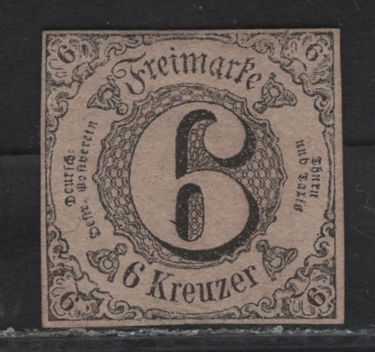Lot 11 Germany - Thurn & Taxis SC#45 6kr Black on Rose Numeral, 1852-1853 Numeral Issue, A Extremely Fine Unused Single, Superf Unused Example, Type 1 - Normal T in Deutches