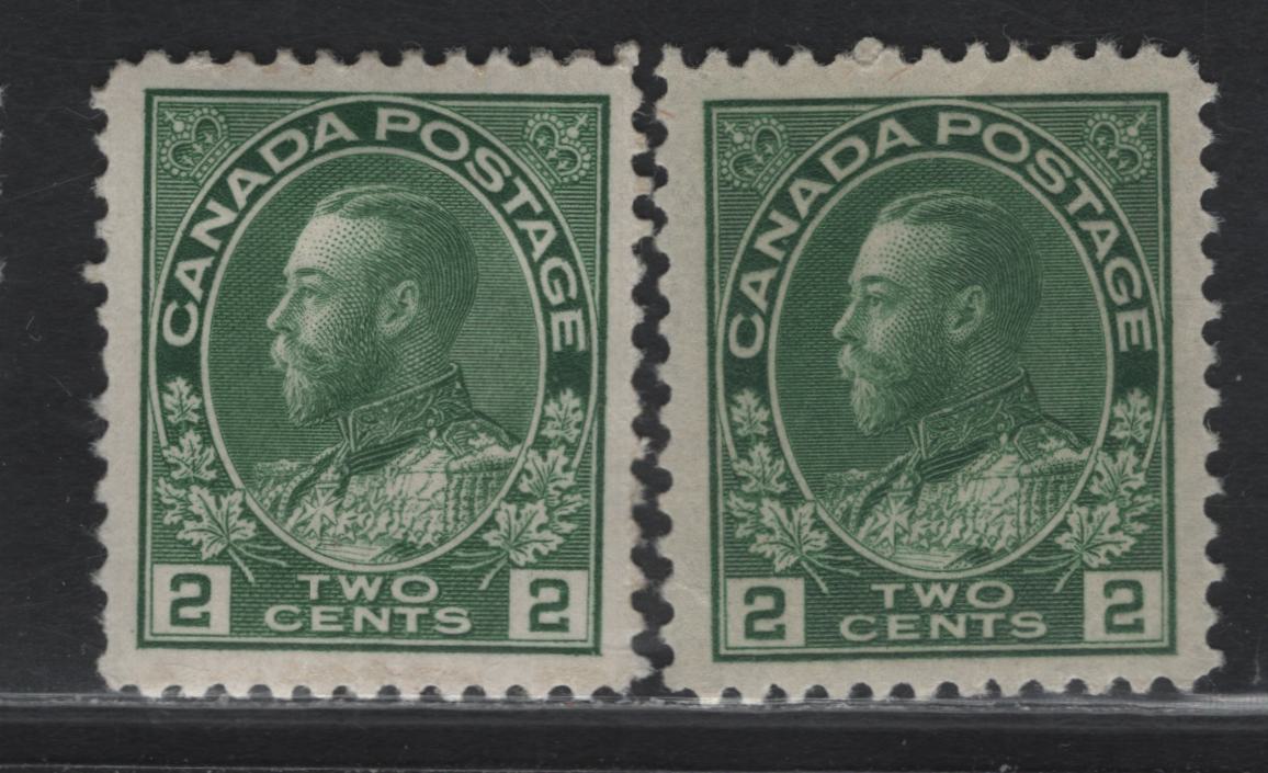 Lot 111 (C) Canada  #107iv, 107a 2c Yellowish Green & Green King George V, 1911-1925 Admiral Issue, 2 VFOG Singles, Papers ABN-I & ABN-G, Redrawn Framelines, Perfs 11.9 & 12x11.9.