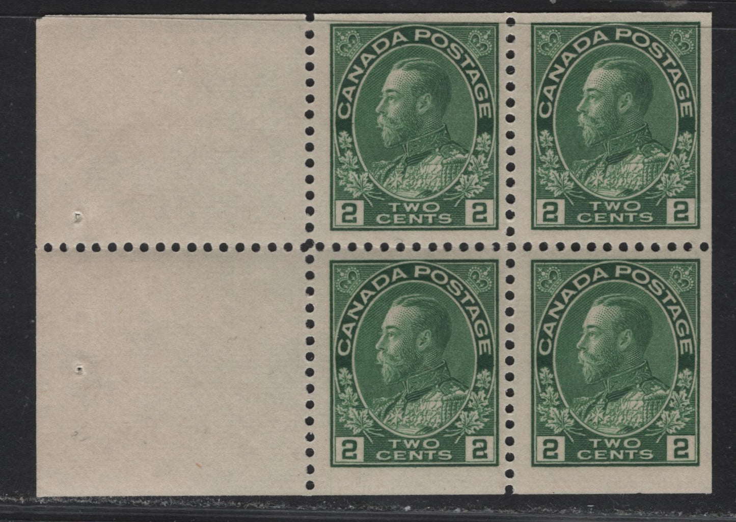 Lot 113 (C) Canada  #107b 2c Green King George V, 1911-1925 Admiral Issue, A FOG Booklet Pane Of 4 + 2 Labels, Wet Printing, Paper ABN-E, Retouched Frameline, Perf 12, Hinged On Center Top Stamp.