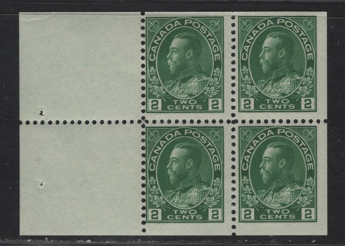 Lot 114 (C) Canada  #107b 2c Bright Green King George V, 1911-1925 Admiral Issue, A FOG Booklet Pane Of 4 + 2 Labels, Wet Printing, Paper ABN-FFF, Retouched Frameline, Perf 11.9x11.8, Design Size 17.25x21.25mm.
