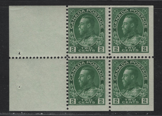 Lot 114 (C) Canada  #107b 2c Bright Green King George V, 1911-1925 Admiral Issue, A FOG Booklet Pane Of 4 + 2 Labels, Wet Printing, Paper ABN-FFF, Retouched Frameline, Perf 11.9x11.8, Design Size 17.25x21.25mm.