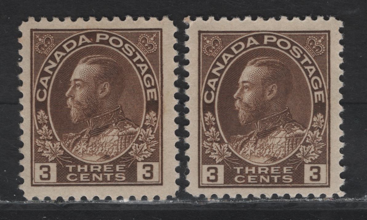 Lot 117 (C) Canada  #108c 3c Brown King George V, 1911-1925 Admiral Issue, 2 VFOG Singles, Dry Printings, Papers ABN-F & ABN-G, Redrawn Framelines, Perfs 11.9x12 & 11.9x11.75.