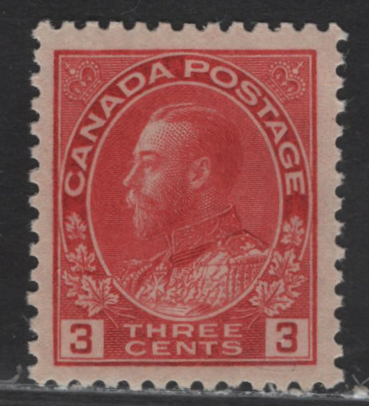 Lot 121 (C) Canada  #109 3c Bright Carmine Red King George V, 1911-1925 Admiral Issue, A VFNH Single, Die 1, Dry Printing, Paper ABN-J, Re-Drawn Frameline, Perf 12x11.9.