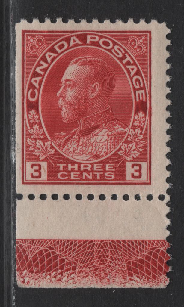 Lot 123 (C) Canada  #109 3c Deep Carmine Red King George V, 1911-1925 Admiral Issue, A FNH LL Sheet Margin Single, Die 1, Dry Printing, Paper ABN-J, Type D Lathework, Perf 12x11.9.