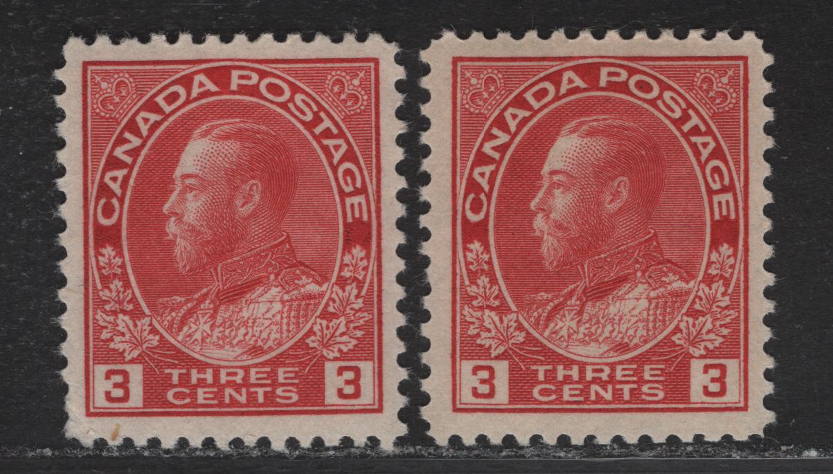 Lot 124 (C) Canada  #109 3c Carmine Red & Bright Carmine Red King George V, 1911-1925 Admiral Issue, 2 F/VFOG Singles, Die 1, Dry Printings, Paper ABN-G, Redrawn Framelines, Perfs 11.9 and 12x11.9.