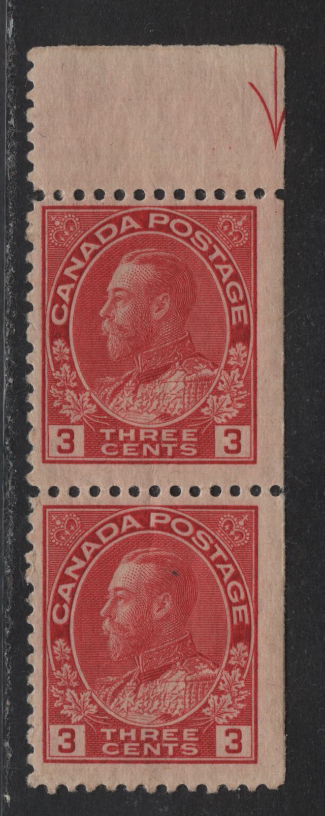 Lot 125 (C) Canada  #109c 3c Carmine Red King George V, 1911-1925 Admiral Issue, A FNH UR Sheet Margin Pair, Die 2, Dry Printing, Paper ABN-QQQ, Arrow Cutting Guide Mark, Perf 11.9.