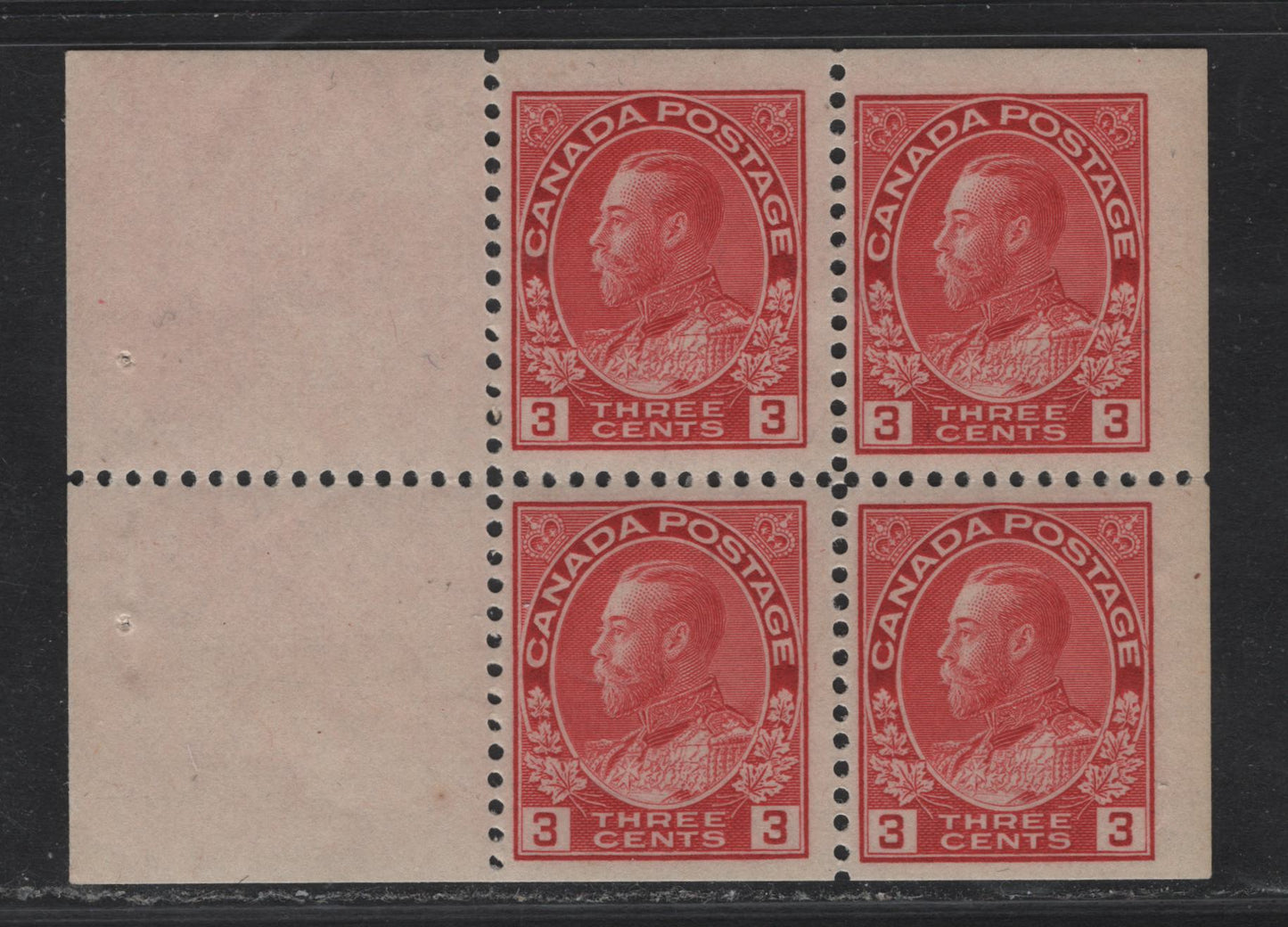 Lot 126 (C) Canada  #109a 3c Carmine King George V, 1911-1925 Admiral Issue, A FOG Booklet Pane Of 4 + 2 Labels, Wet Printing, Paper ABN-E, Retouched Frameline, Perf 12x11.95.