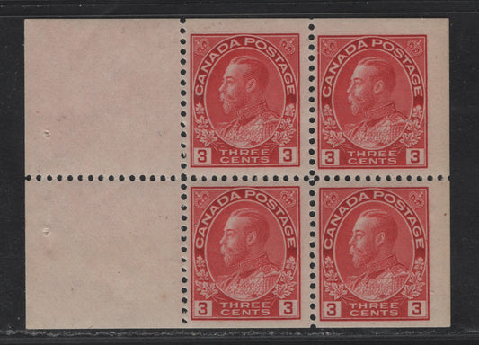 Lot 126 (C) Canada  #109a 3c Carmine King George V, 1911-1925 Admiral Issue, A FOG Booklet Pane Of 4 + 2 Labels, Wet Printing, Paper ABN-E, Retouched Frameline, Perf 12x11.95.