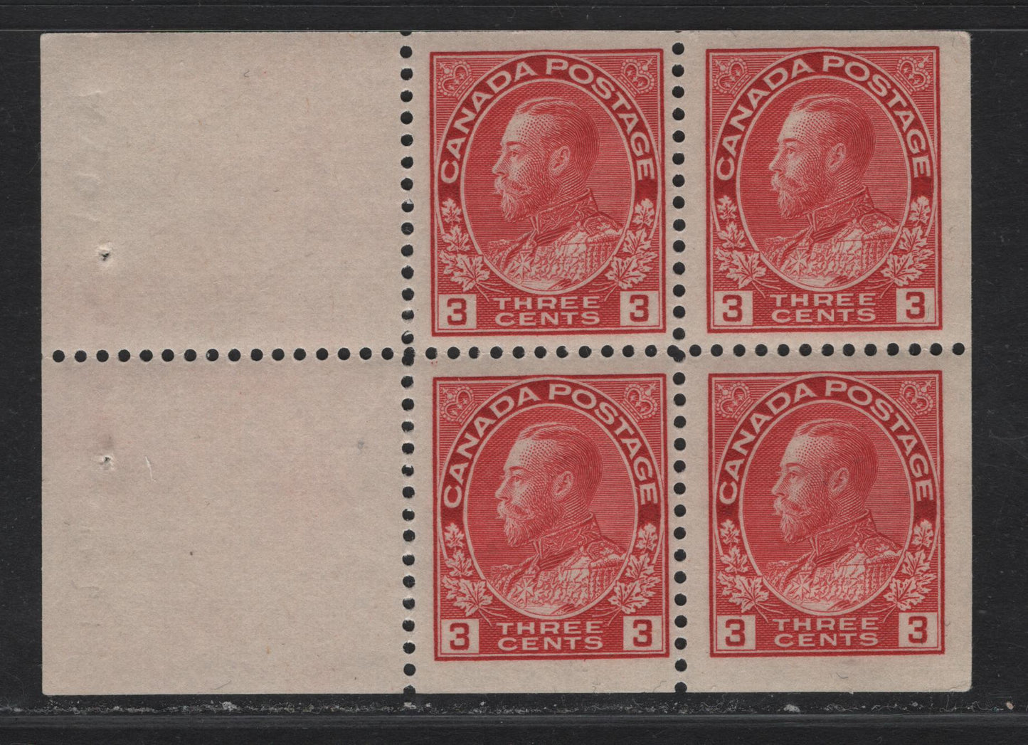 Lot 127 (C) Canada  #109a 3c Carmine King George V, 1911-1925 Admiral Issue, A FOG Booklet Pane Of 4 + 2 Labels, Wet Printing, Paper ABN-E, Retouched Frameline, Perf 11.9x11.95, Small Corner Bend At LR.