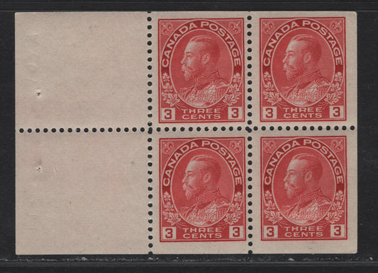 Lot 127 (C) Canada  #109a 3c Carmine King George V, 1911-1925 Admiral Issue, A FOG Booklet Pane Of 4 + 2 Labels, Wet Printing, Paper ABN-E, Retouched Frameline, Perf 11.9x11.95, Small Corner Bend At LR.