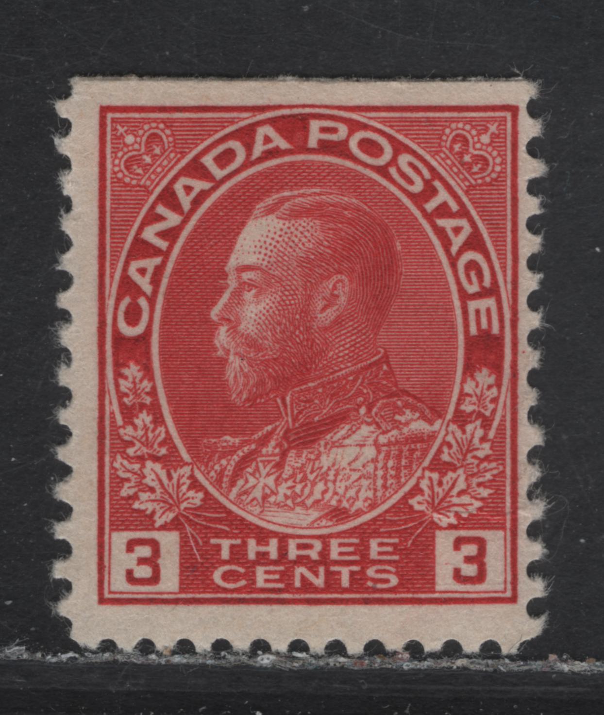 Lot 128 (C) Canada  #109 3c Carmine Red King George V, 1911-1925 Admiral Issue, A FNH Top Sheet Margin Single, Paper ABN-M, Die 1, Redrawn Frameline, Perf 11.9x11.95.