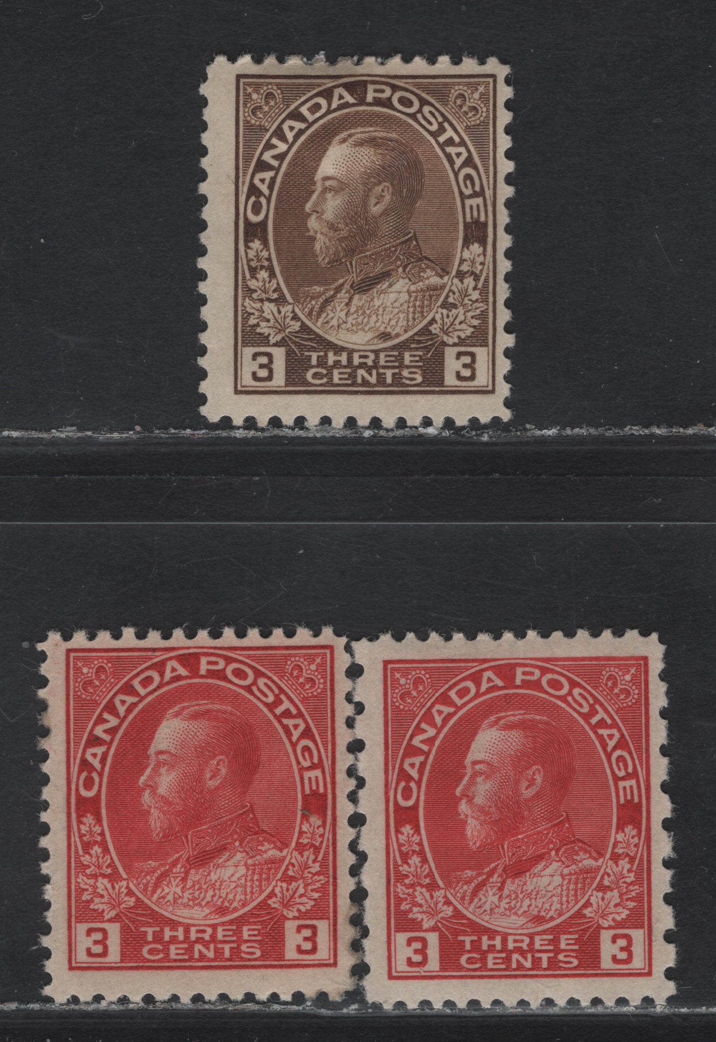 Lot 129 (C) Canada  #108, 109, 184 3c Brown - Carmien Red King George V, 1911-1925 Admiral & Provisional Admiral Issues, 3 FOG Singles, Wet & Dry Printings, Die 1, Papers ABN-E & ABN-F, Perfs 12x8, 11.9x12 & 12x11.95.