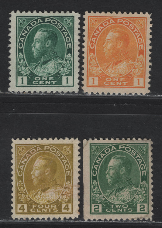 Lot 130 (C) Canada  #104, 105i, 107iv, 110 1c - 4c Dark Green - Olive Bistre King George V, 1911-1925 Admiral Issue, 4 Very Fine Unused Singles, Papers ABN-B, ABN-E & ABN-F, Perfs 12x12, 11.9x12 & 12