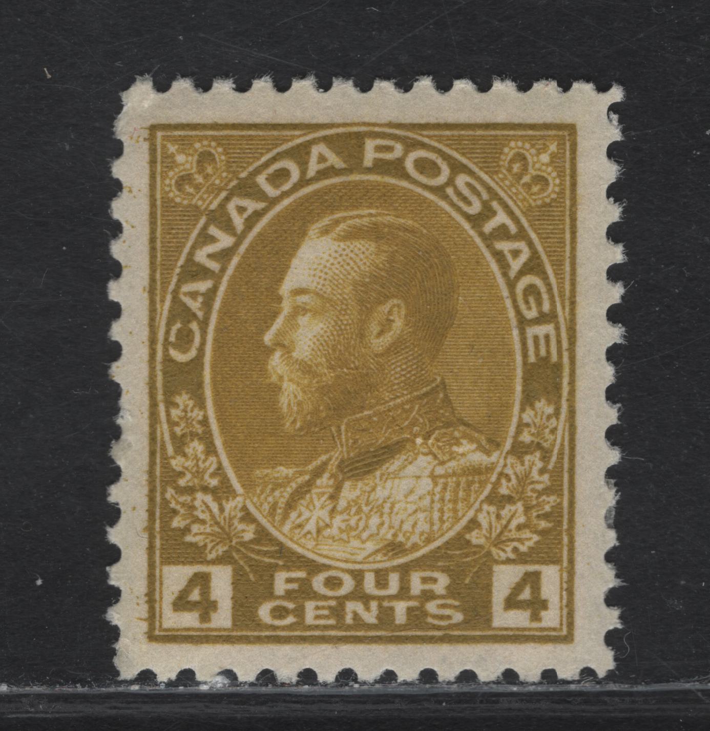 Lot 131 (C) Canada  #110 4c Olive Bistre King George V, 1911-1925 Admiral Issue, A FOG Single, Wet Printing, Paper ABN-E, Retouched Frameline.