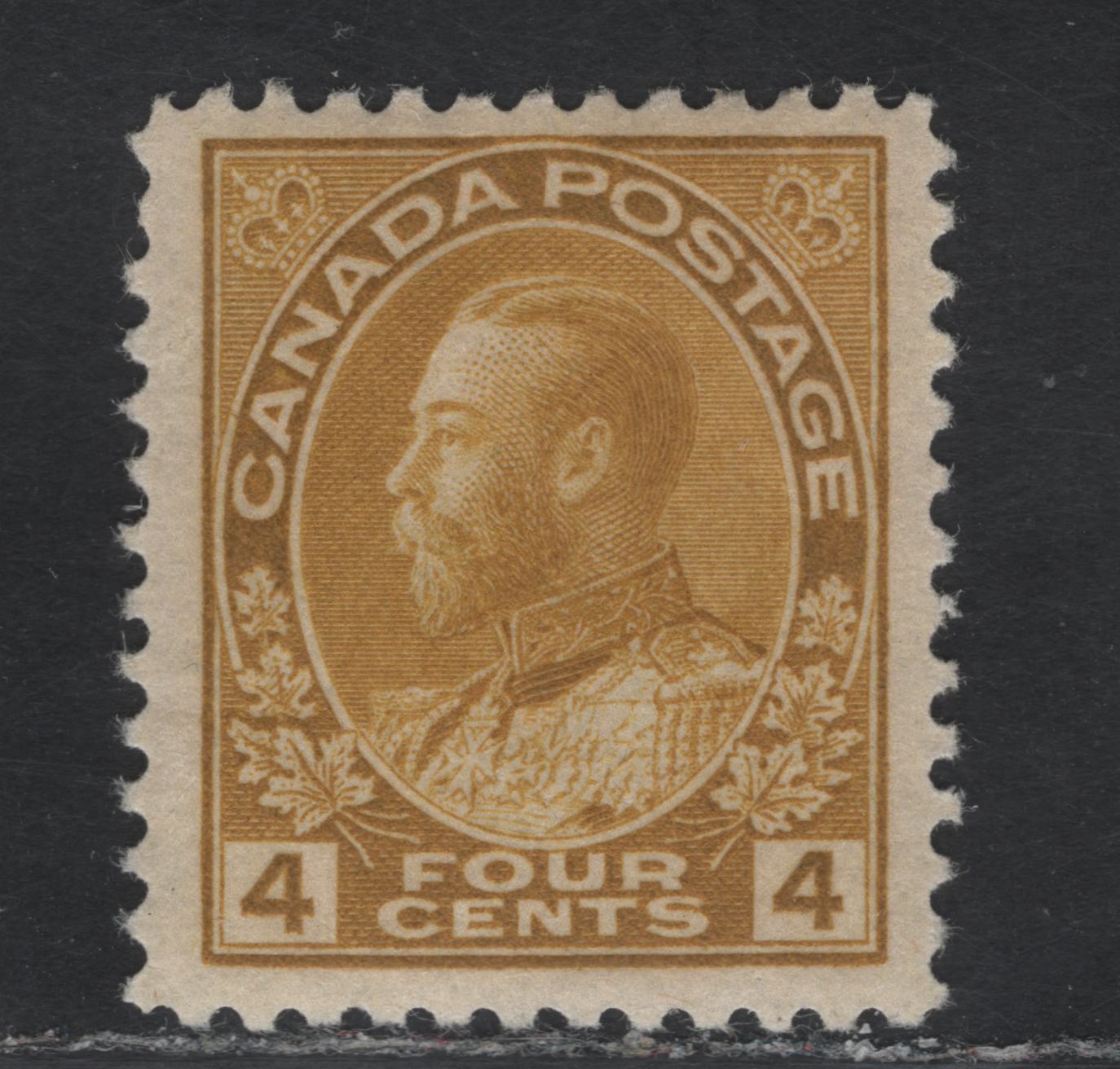 Lot 135 (C) Canada  #110c 4c Golden Yellow King George V, 1911-1925 Admiral Issue, A VFOG Single, Wet Printing, Paper ABN-SSS, Retouched Frameline, Perf 11.9x11.85.