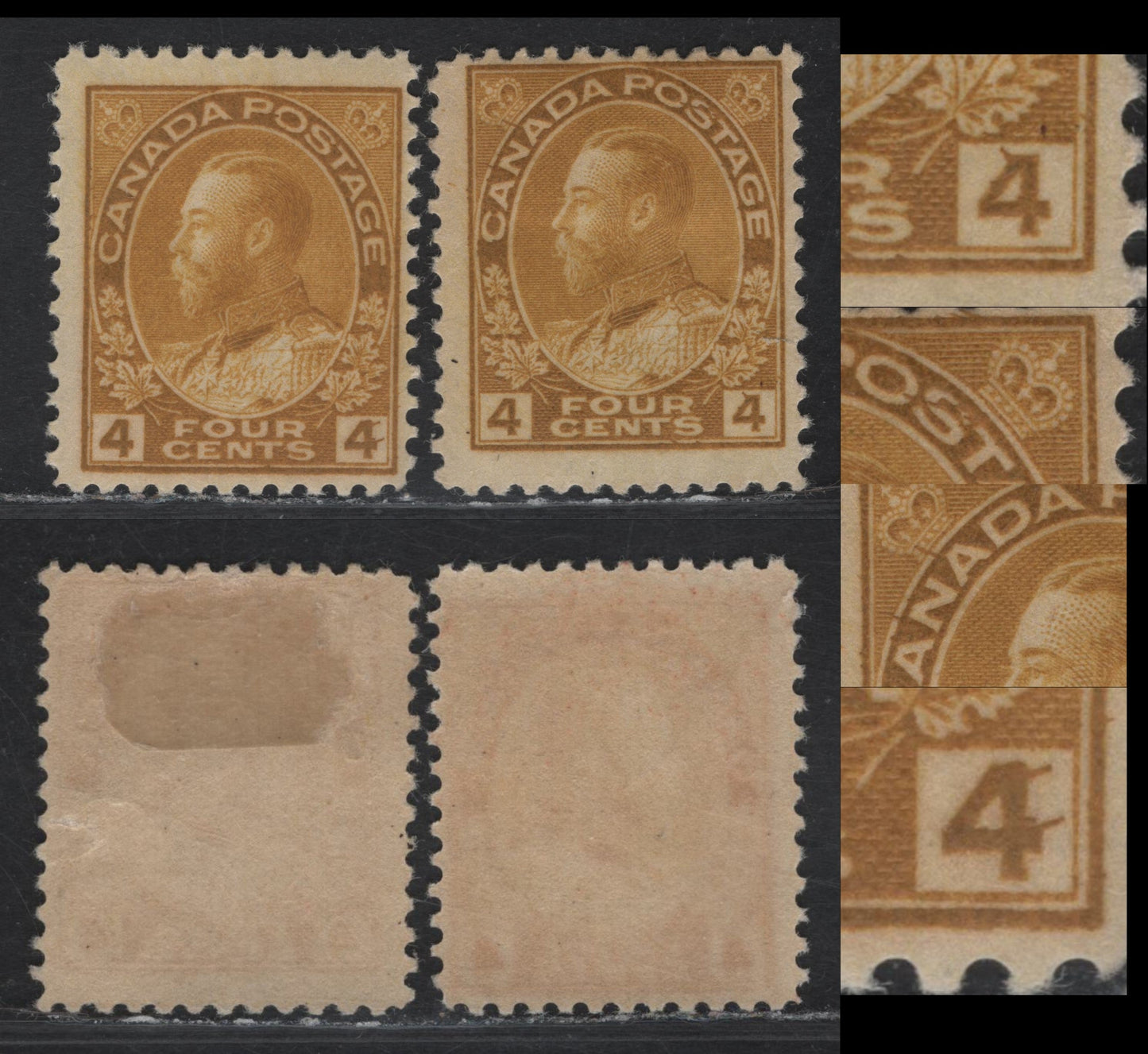 Lot 136 (C) Canada  #110c 4c Deep Golden Yellow King George V, 1911-1925 Admiral Issue, 2 FOG Singles, Slightly Different Shades, Wet Printings, Paper ABN-E, Significant Spurs Of Ink & Breaks In Letters, Perfs 12.1x12 & 12x11.9.
