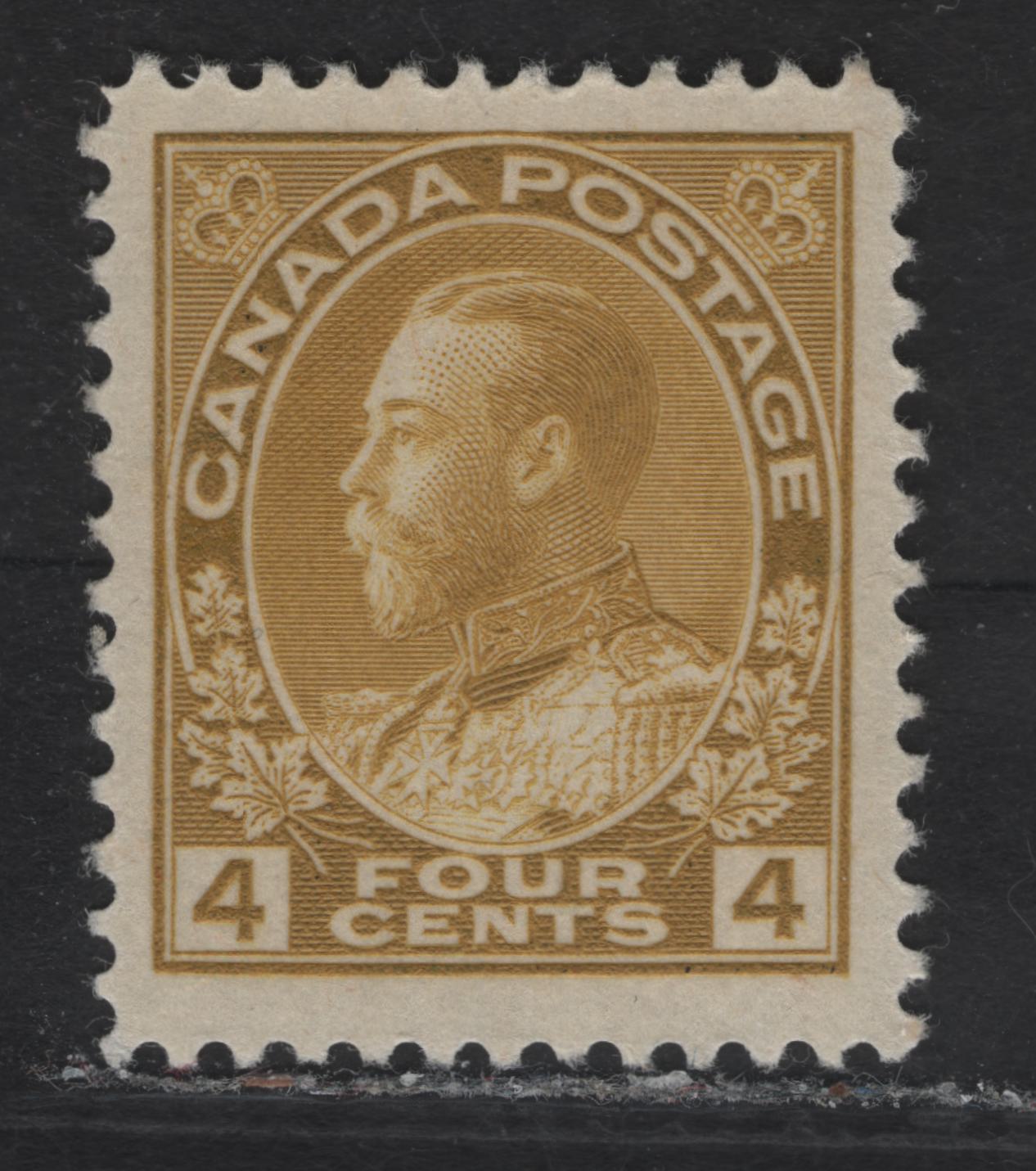 Lot 137 (C) Canada  #110d 4c Pale Olive Yellow King George V, 1911-1925 Admiral Issue, A VFOG Single, Dry Printing, Paper ABN-M, Redrawn Frameline.