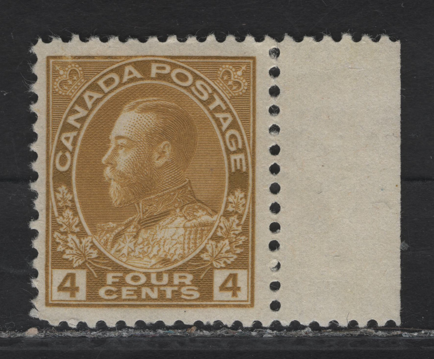 Lot 138 (C) Canada  #110d 4c Olive Yellow King George V, 1911-1925 Admiral Issue, A VFOG Single, Dry Printing, Paper ABN-M, Redrawn Frameline,Perf 11.9.