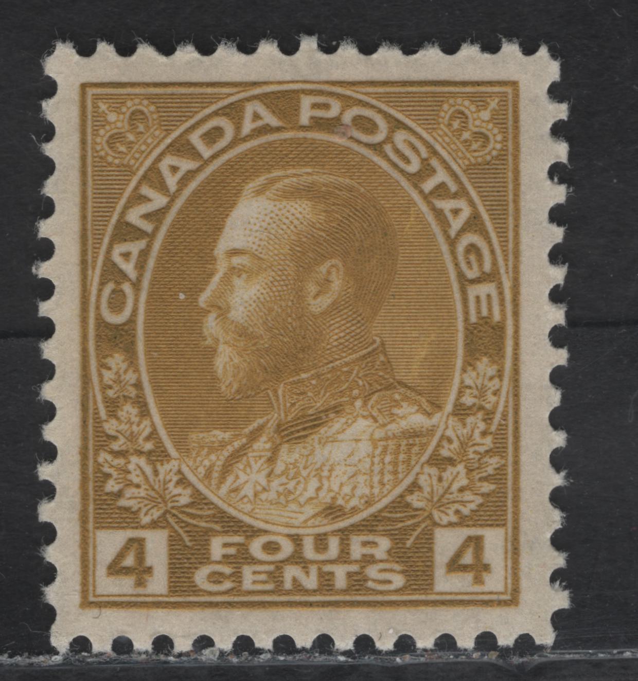 Lot 139 (C) Canada  #110d 4c Olive Yellow King George V, 1911-1925 Admiral Issue, A VFOG Single, Dry Printing, Paper ABN-TTT, Perf 11.95x12, Redrawn Frameline.