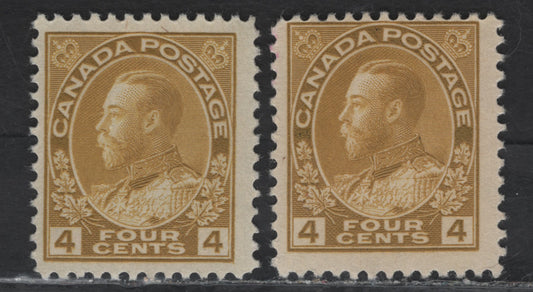 Lot 140 (C) Canada  #110d 4c Dull Olive Yellow King George V, 1911-1925 Admiral Issue, 2 FOG Singles, Dry Printings, Papers ABN-M & ABN-TTT, Redrawn Frameline, Perf 12.