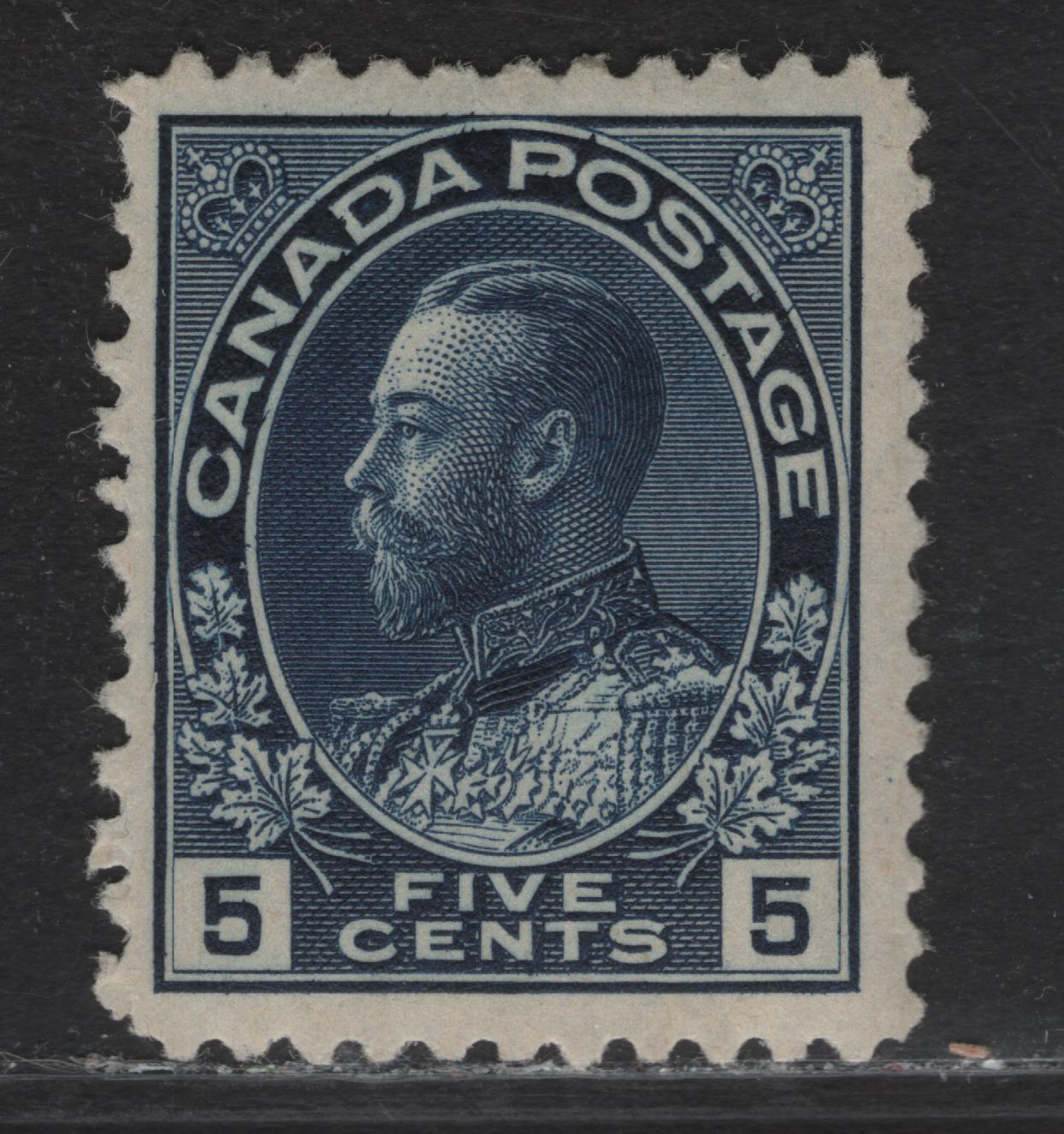 Lot 142 (C) Canada  #111a 5c Indigo King George V, 1911-1925 Admiral Issue, A FOG Single, Paper ABN-B, Perf 11.9, Weakly Retouched Frameline.