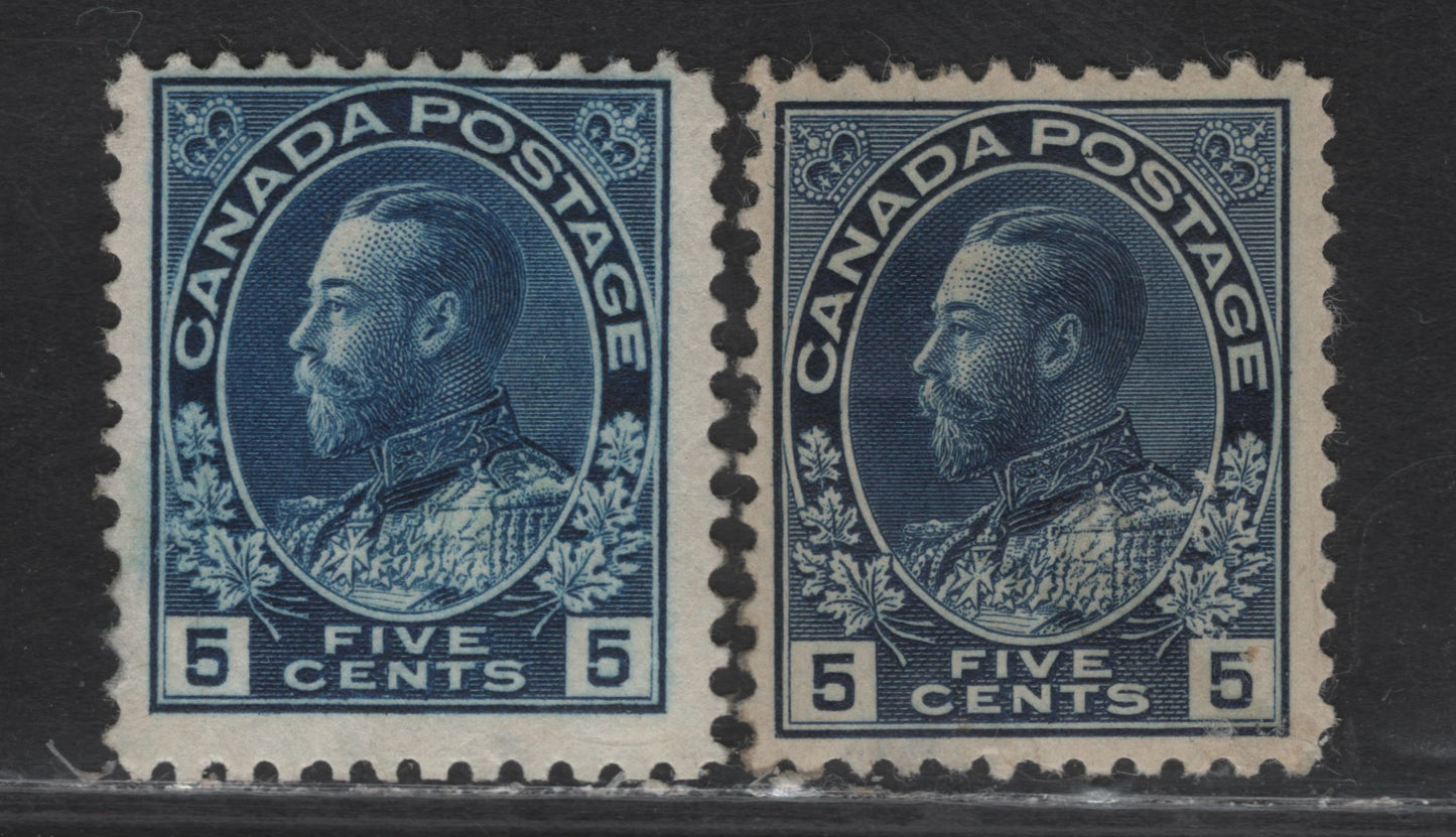 Lot 144 (C) Canada  #111, 111a 5c Indigo King George V, 1911-1925 Admiral Issue, 2 VG/FOG Singles, Papers ABN-E & ABN-A, Perf 12x11.9, Normal & Weakly Retouched Frameline.