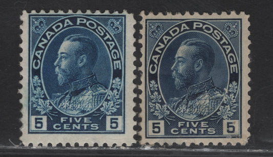 Lot 144 (C) Canada  #111, 111a 5c Indigo King George V, 1911-1925 Admiral Issue, 2 VG/FOG Singles, Papers ABN-E & ABN-A, Perf 12x11.9, Normal & Weakly Retouched Frameline.