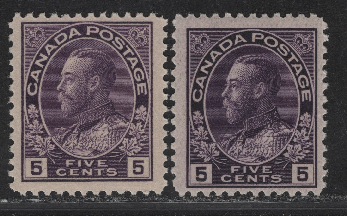 Lot 149 (C) Canada  #112, 112a 5c Deep Rose Lilac & Dark Rose Lilac King George V, 1911-1925 Admiral Issue, A FNH Single, Wet Printing, Normal Frameline, Papers ABN-E & ABN-NNN, Perfs 11.9 & 11.9x12.