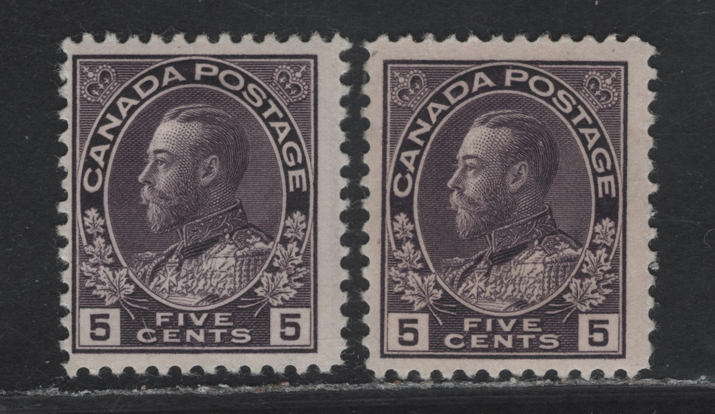 Lot 153 (C) Canada  #112i 5c Deep Grayish Lilac King George V, 1911-1925 Admiral Issue, 2 FOG Singles, Wet Printings, Very Weakly Retouched Framelines, Paper ABN-E, Perfs 12 & 11.9.