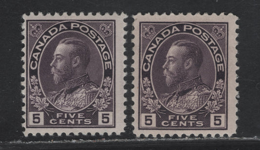 Lot 153 (C) Canada  #112i 5c Deep Grayish Lilac King George V, 1911-1925 Admiral Issue, 2 FOG Singles, Wet Printings, Very Weakly Retouched Framelines, Paper ABN-E, Perfs 12 & 11.9.